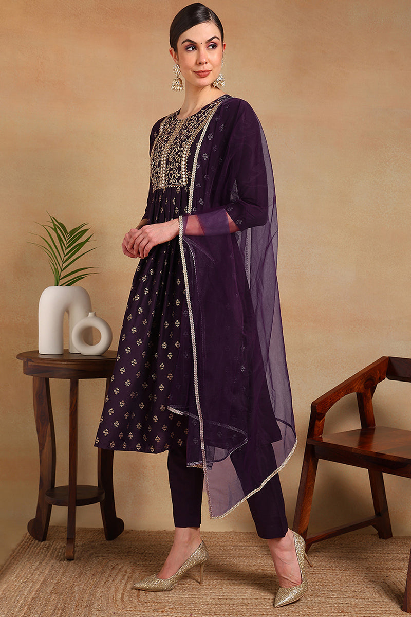 Purple Silk Blend Solid Woven Design Flared Empire Suit Set PKSKD2296