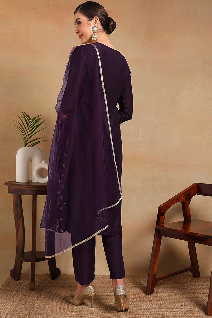 Purple Silk Blend Solid Woven Design Flared Empire Suit Set PKSKD2296