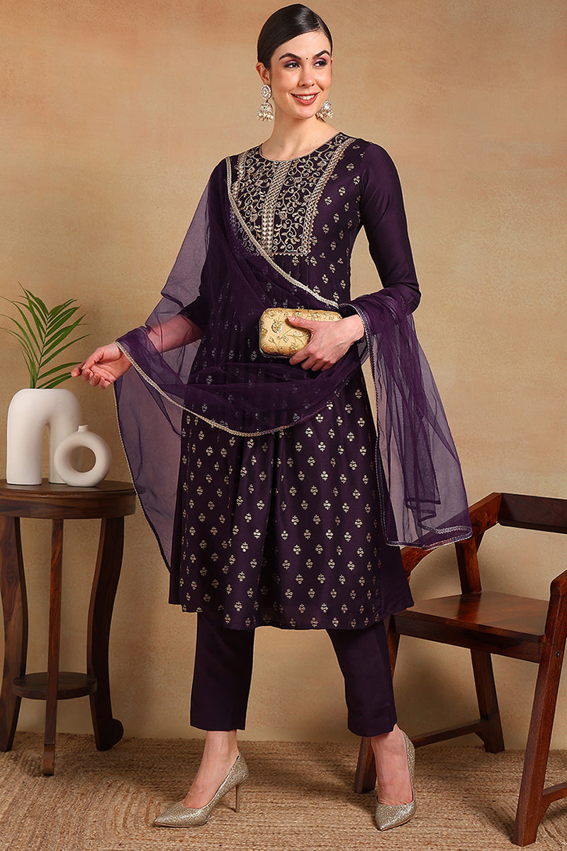 Purple Silk Blend Solid Woven Design Flared Empire Suit Set PKSKD2296