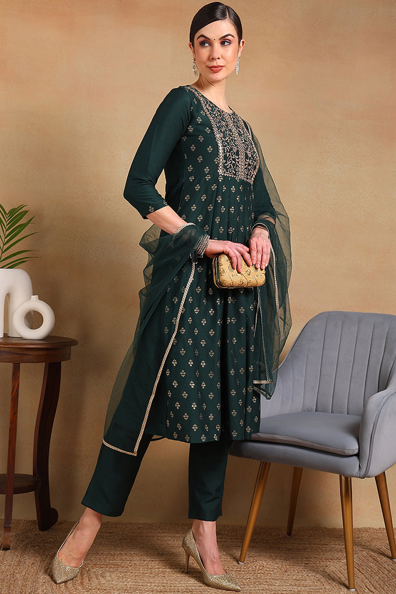 Green Silk Blend Solid Woven Design Flared Empire Suit Set PKSKD2297