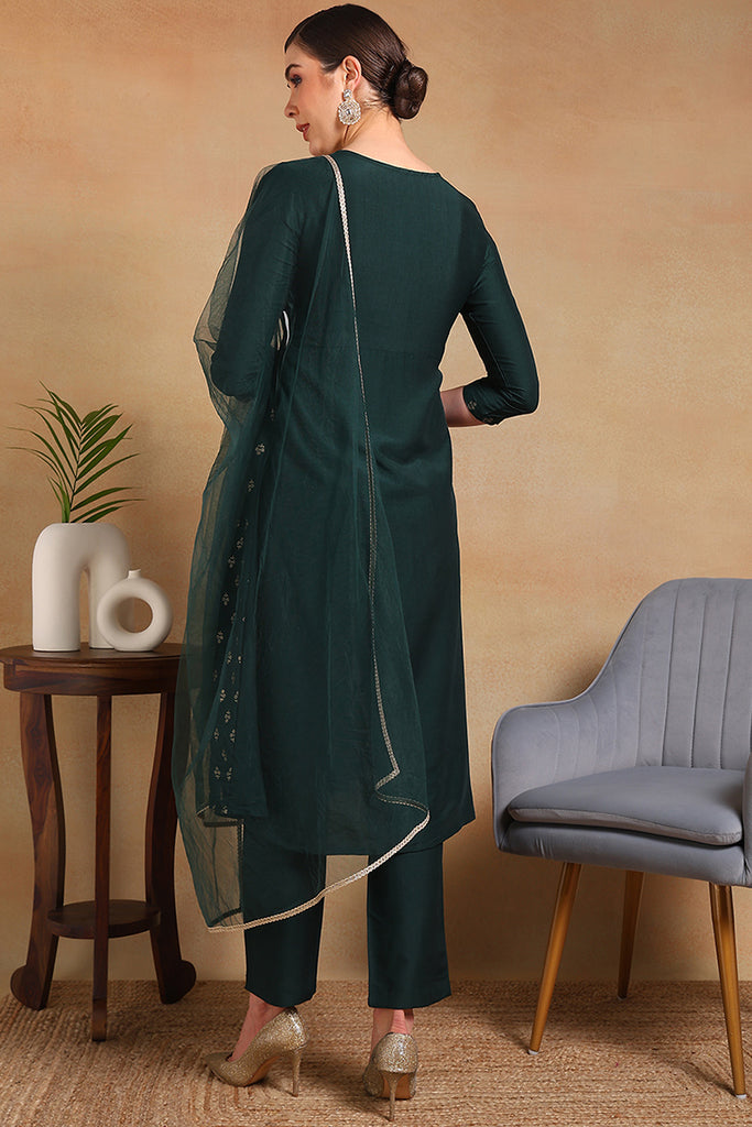 Green Silk Blend Solid Woven Design Flared Empire Suit Set PKSKD2297