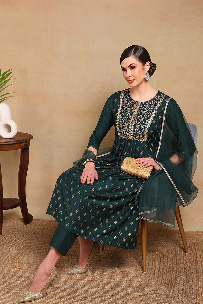 Green Silk Blend Solid Woven Design Flared Empire Suit Set PKSKD2297