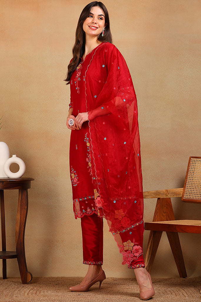 Red Silk Blend Solid Embroidered Straight Regular Suit Set PKSKD2298