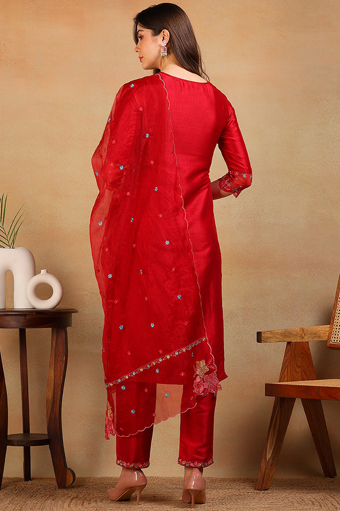 Red Silk Blend Solid Embroidered Straight Regular Suit Set PKSKD2298