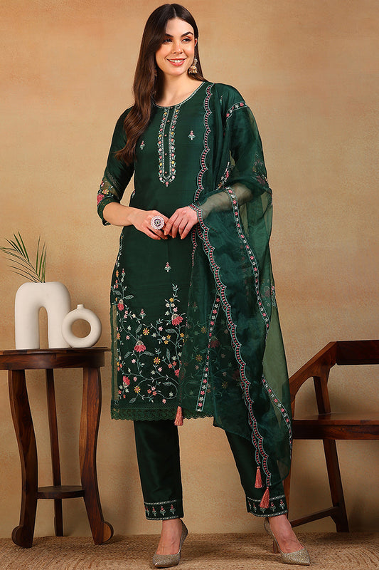 Olive Green Silk Blend Solid Embroidered Straight Suit Set PKSKD2302