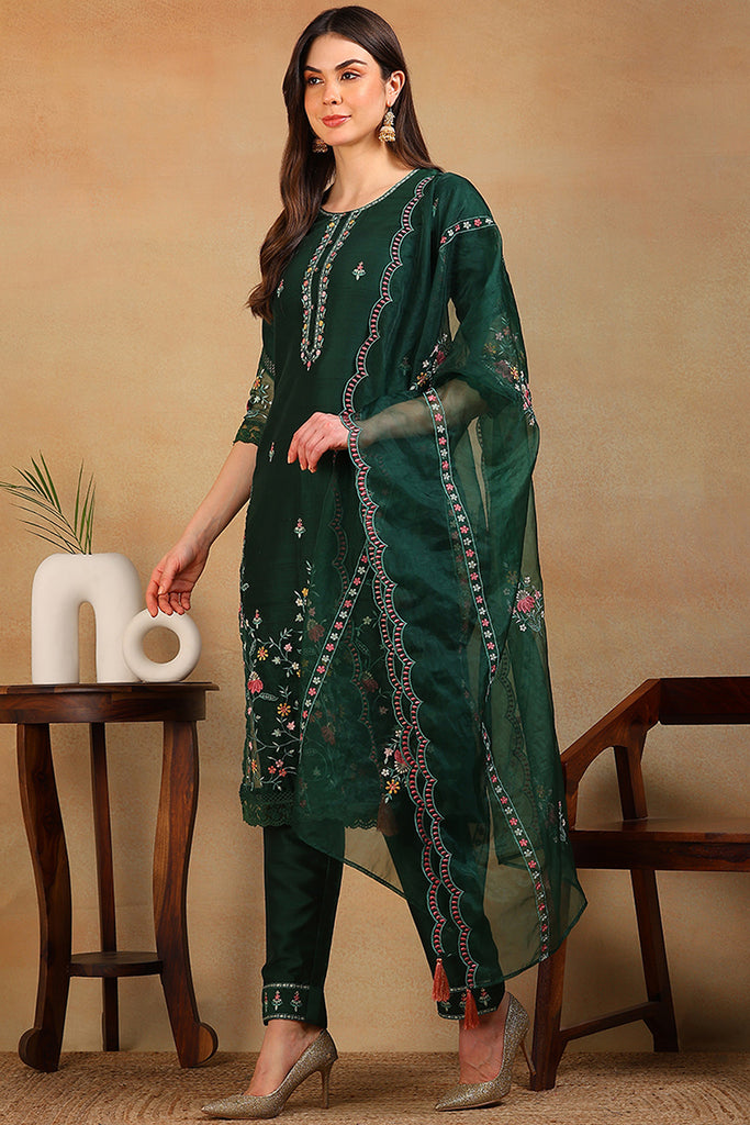 Olive Green Silk Blend Solid Embroidered Straight Suit Set PKSKD2302