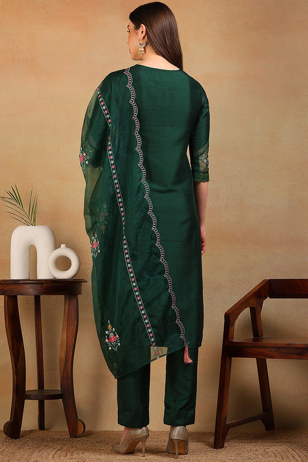 Olive Green Silk Blend Solid Embroidered Straight Suit Set PKSKD2302