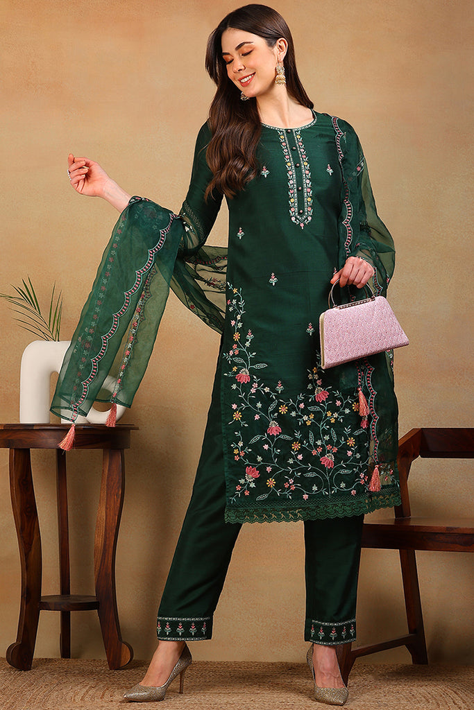 Olive Green Silk Blend Solid Embroidered Straight Suit Set PKSKD2302