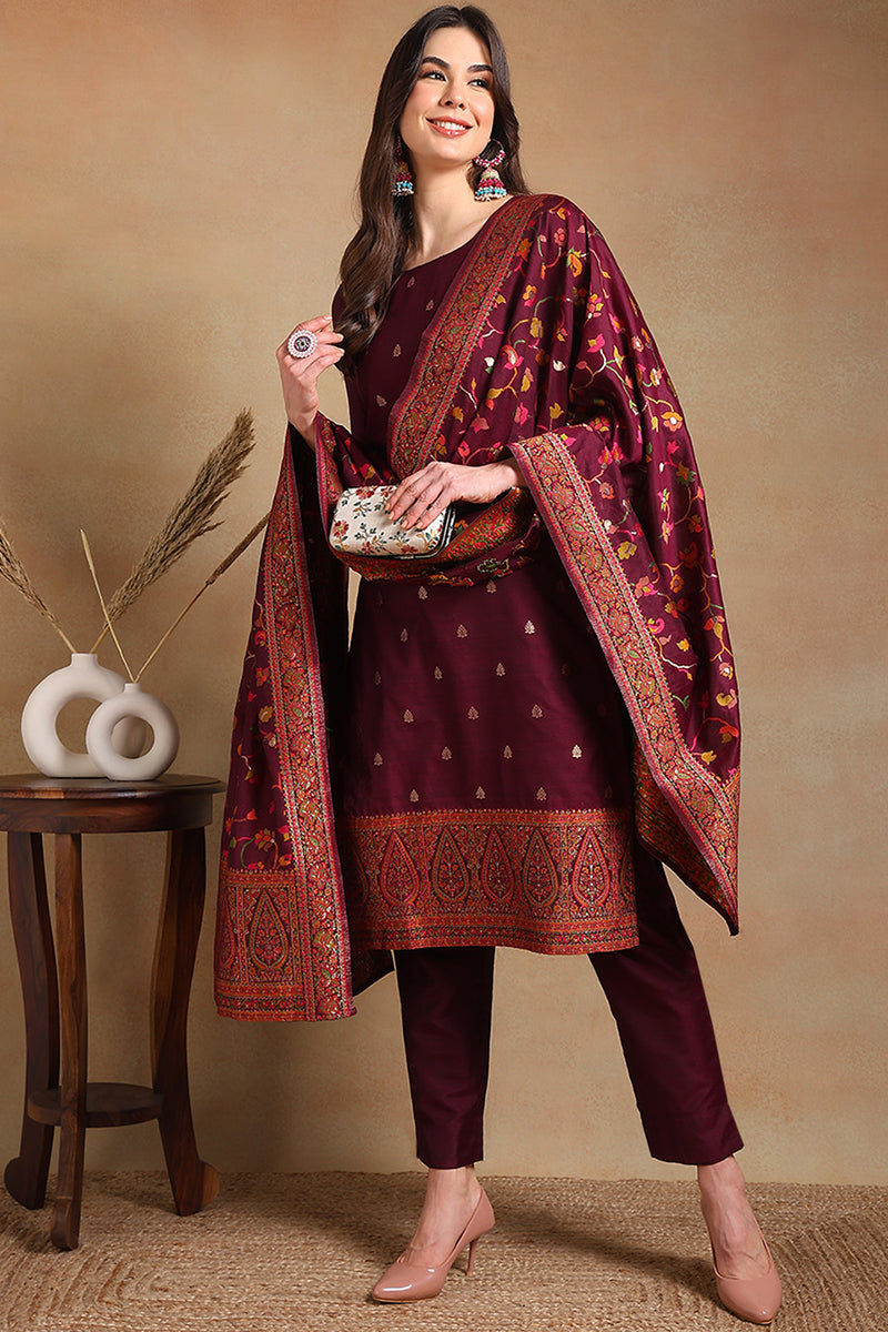 Burgundy Poly Chanderi Woven Design Straight Suit Set PKSKD2306