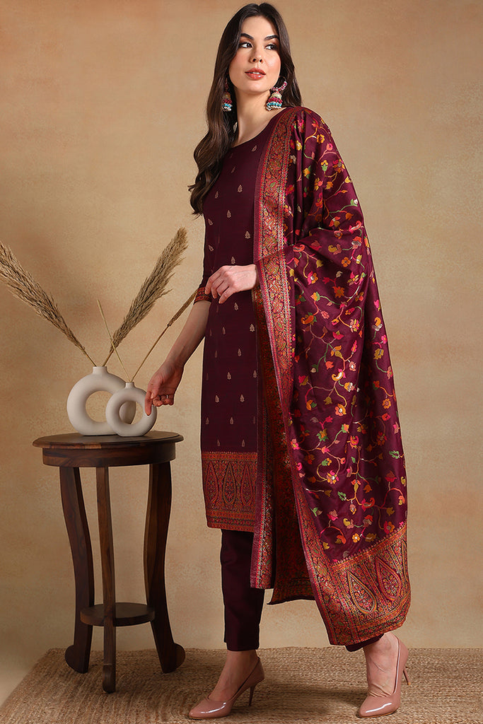 Burgundy Poly Chanderi Woven Design Straight Suit Set PKSKD2306