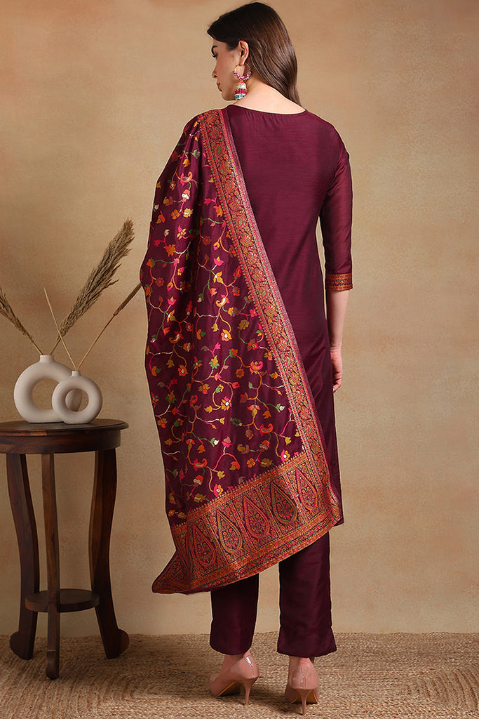 Burgundy Poly Chanderi Woven Design Straight Suit Set PKSKD2306