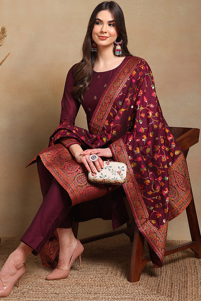 Burgundy Poly Chanderi Woven Design Straight Suit Set PKSKD2306