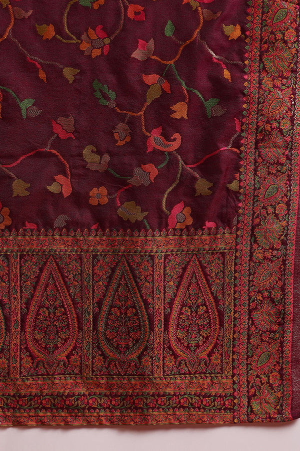 Burgundy Poly Chanderi Woven Design Straight Suit Set PKSKD2306