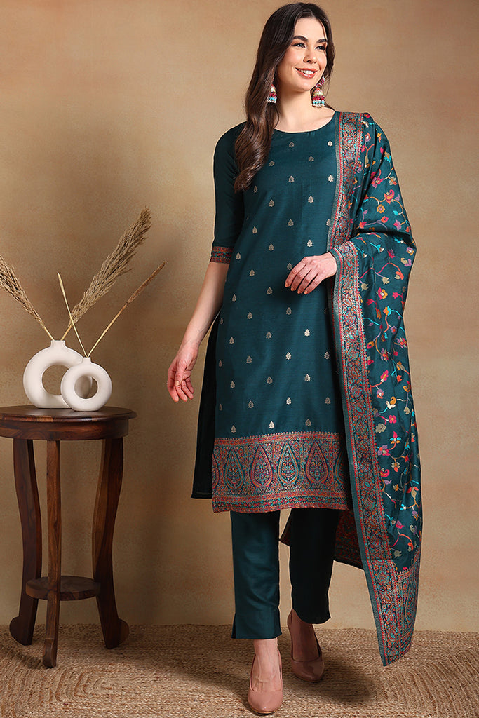 Teal Poly Chanderi Woven Design Straight Suit Set PKSKD2307