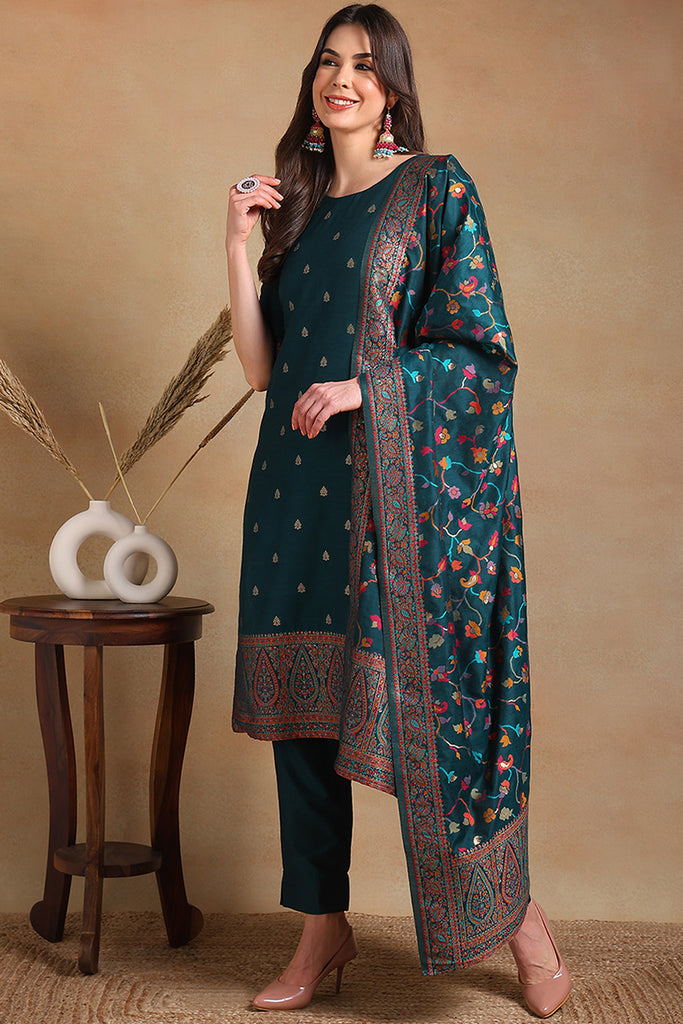 Teal Poly Chanderi Woven Design Straight Suit Set PKSKD2307