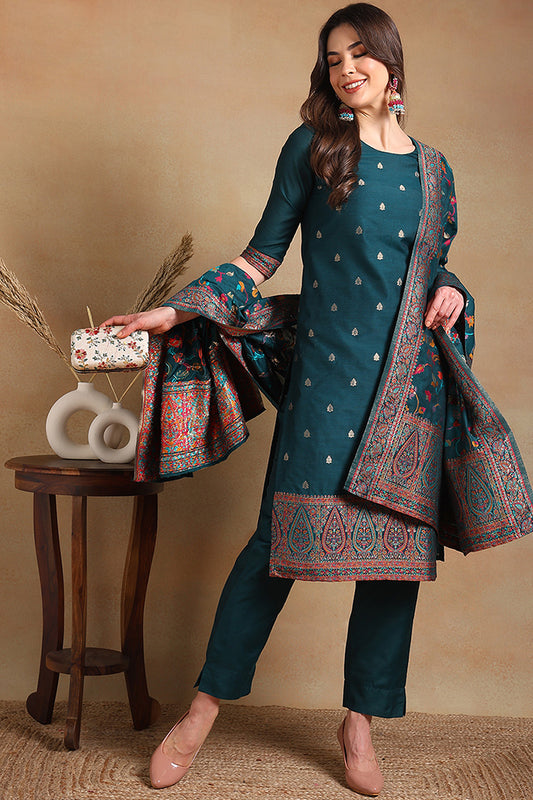 Teal Poly Chanderi Woven Design Straight Suit Set PKSKD2307