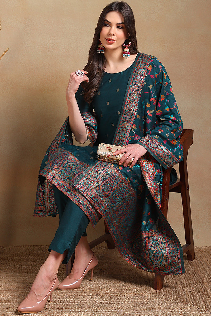 Teal Poly Chanderi Woven Design Straight Suit Set PKSKD2307