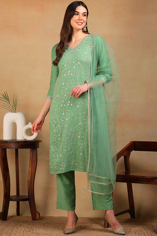 Green Silk Blend Solid Embroidered Straight Suit Set PKSKD2308