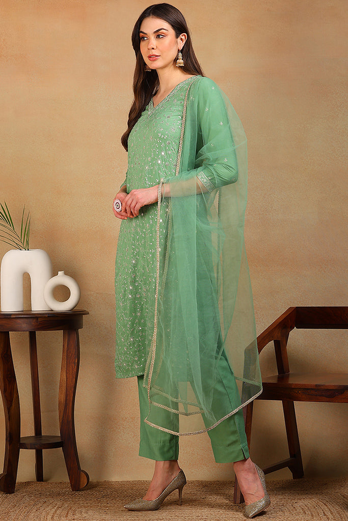 Green Silk Blend Solid Embroidered Straight Suit Set PKSKD2308