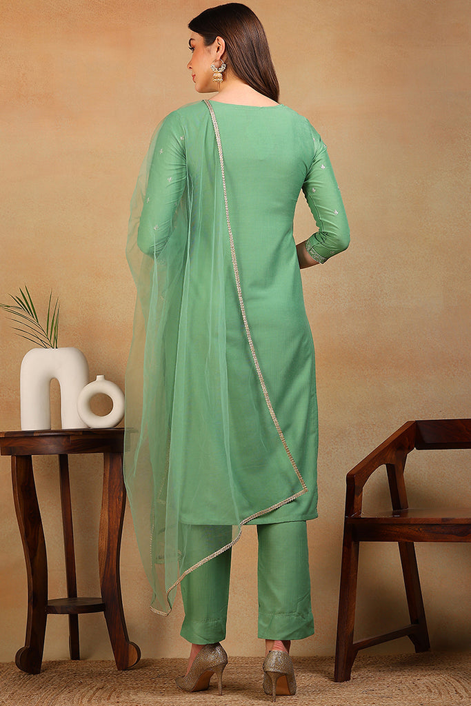 Green Silk Blend Solid Embroidered Straight Suit Set PKSKD2308