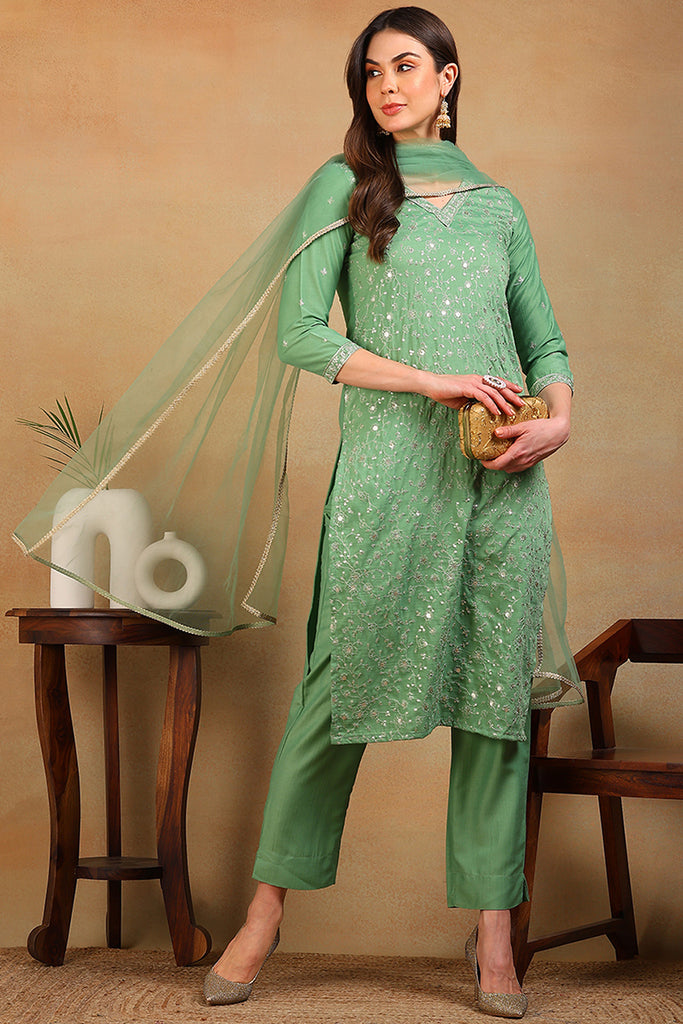 Green Silk Blend Solid Embroidered Straight Suit Set PKSKD2308