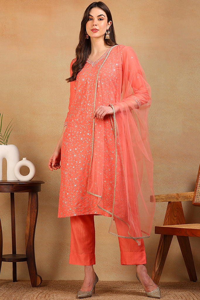 Coral Silk Blend Solid Embroidered Straight Regular Suit Set PKSKD2309