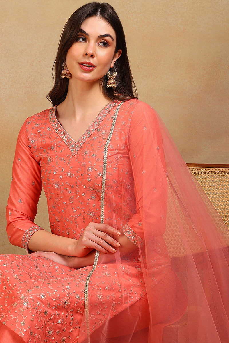 Coral Silk Blend Solid Embroidered Straight Regular Suit Set PKSKD2309