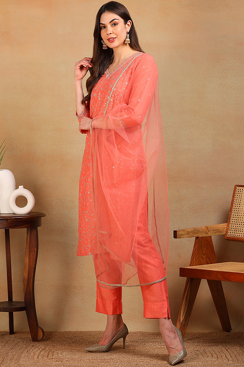 Coral Silk Blend Solid Embroidered Straight Regular Suit Set PKSKD2309