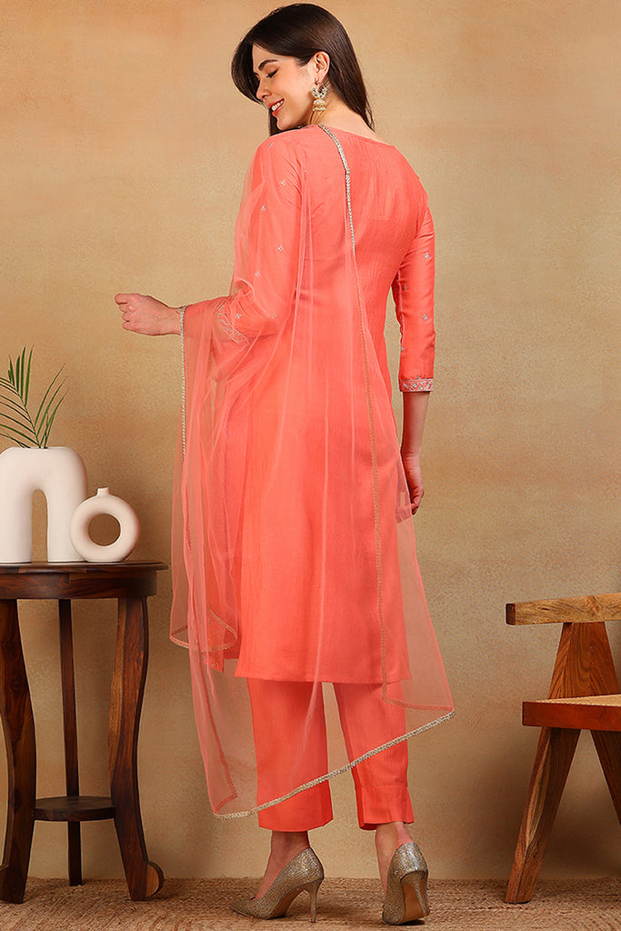 Coral Silk Blend Solid Embroidered Straight Regular Suit Set PKSKD2309