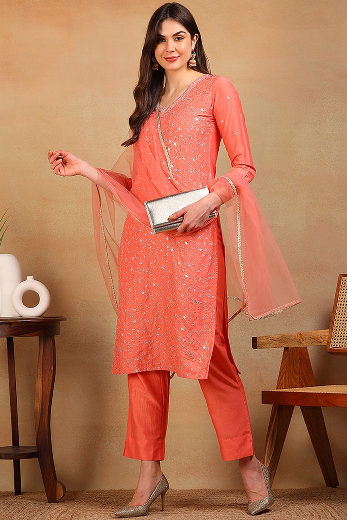 Coral Silk Blend Solid Embroidered Straight Regular Suit Set PKSKD2309