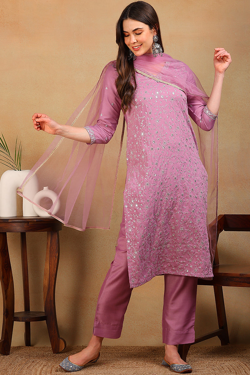 Lavender Silk Blend Solid Embroidered Straight Suit Set PKSKD2310