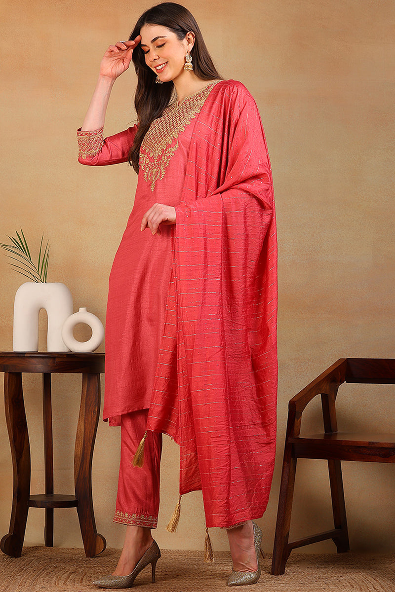 Rust Silk Blend Solid Embroidered Straight Suit Set PKSKD2315