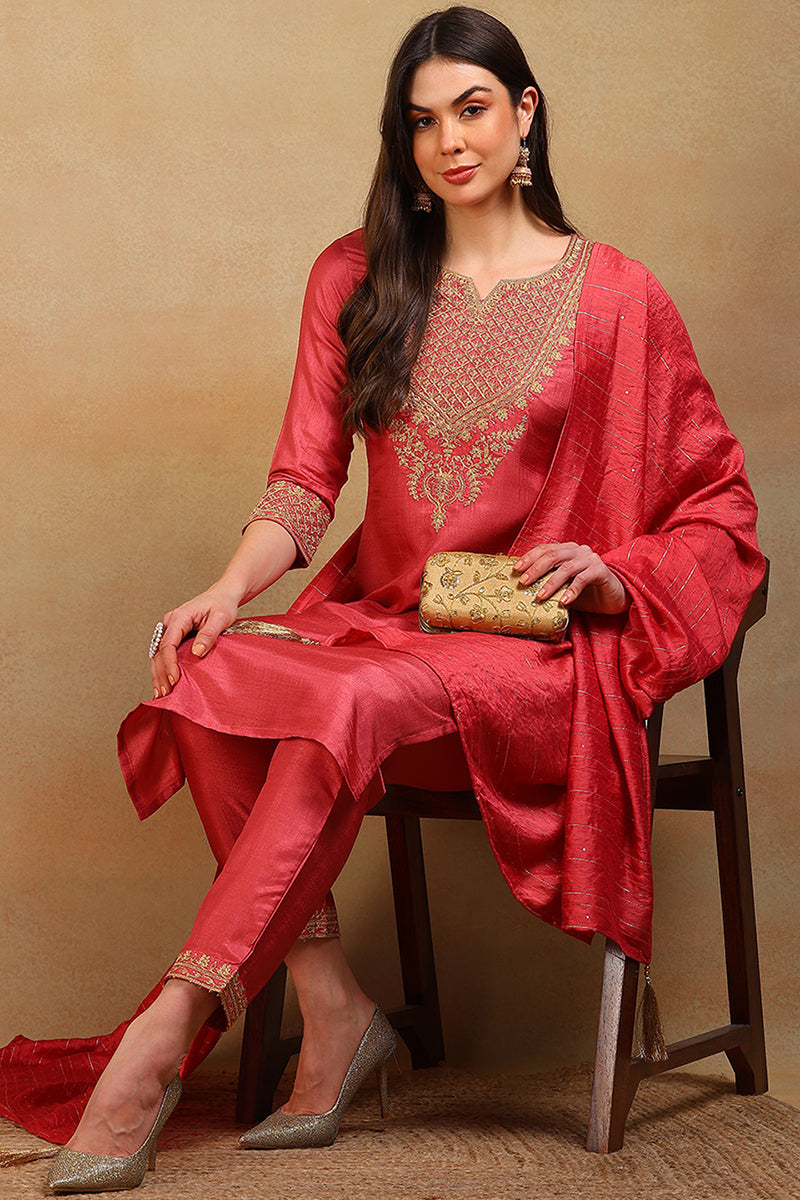 Rust Silk Blend Solid Embroidered Straight Suit Set PKSKD2315