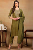 Olive Silk Blend Solid Embroidered Straight Suit Set PKSKD2316