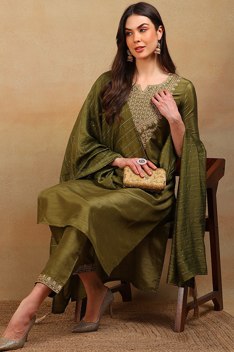 Olive Silk Blend Solid Embroidered Straight Suit Set PKSKD2316