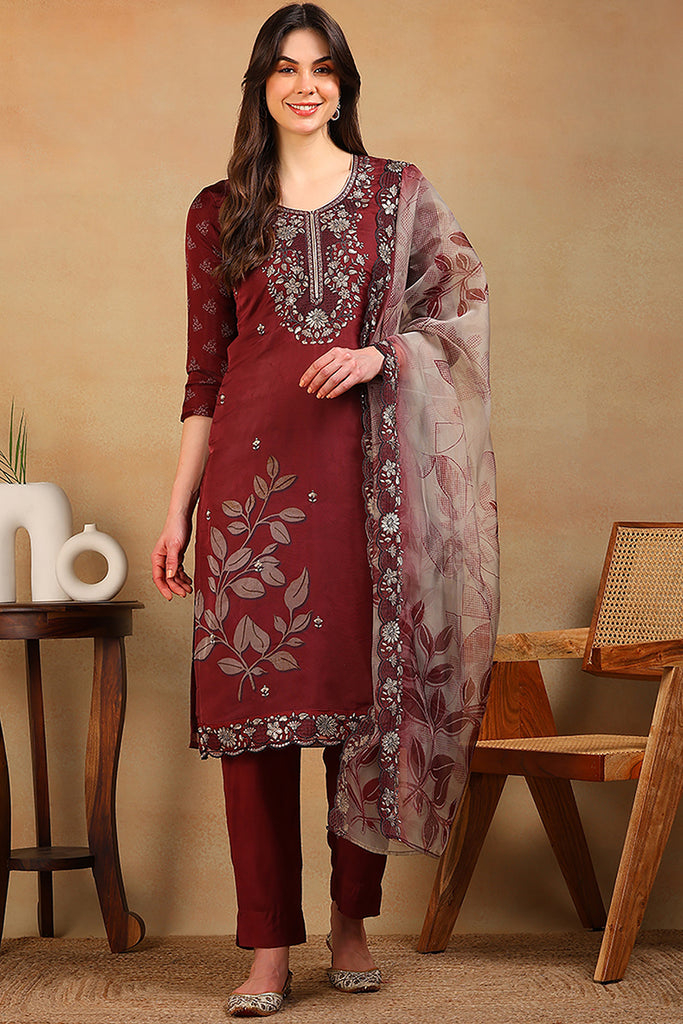 Rust Red Organza Floral Embroidered Straight Suit Set PKSKD2318