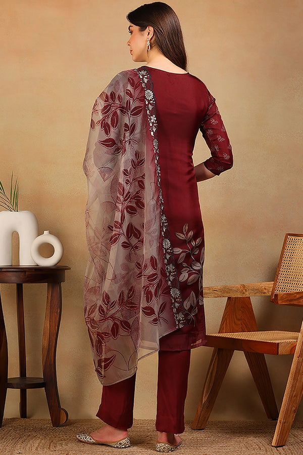 Rust Red Organza Floral Embroidered Straight Suit Set PKSKD2318