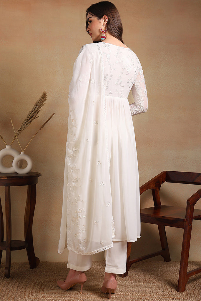 Off White Poly Georgette Embroidered A-Line Suit Set PKSKD2337