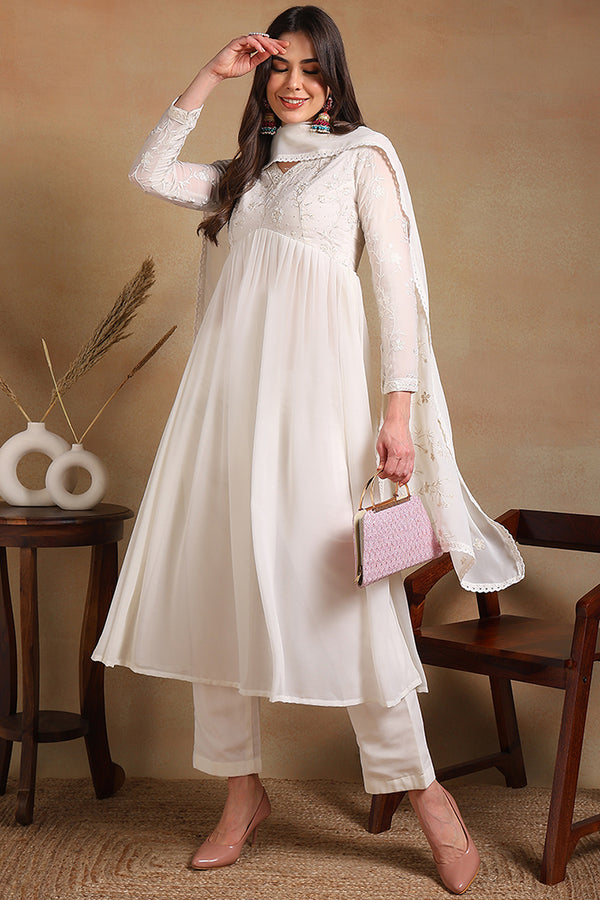 Off White Poly Georgette Embroidered A-Line Suit Set PKSKD2337