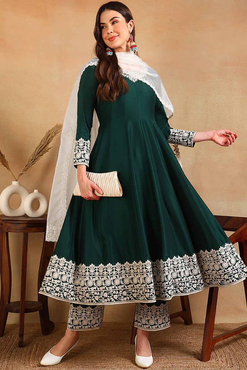 Green Silk Blend Embroidered Anarkali Suit Set PKSKD2361