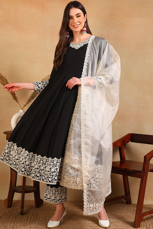 Black Silk Blend Embroidered Anarkali Suit Set PKSKD2362