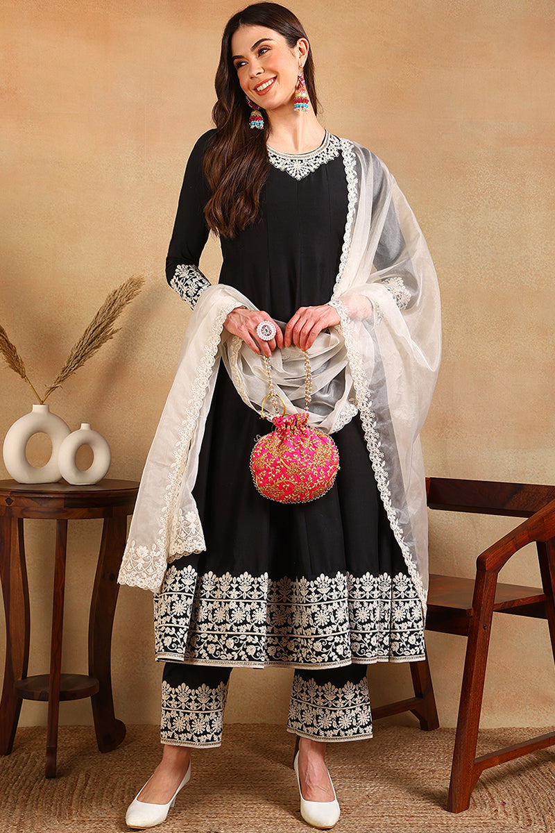 Black Silk Blend Embroidered Anarkali Suit Set PKSKD2362