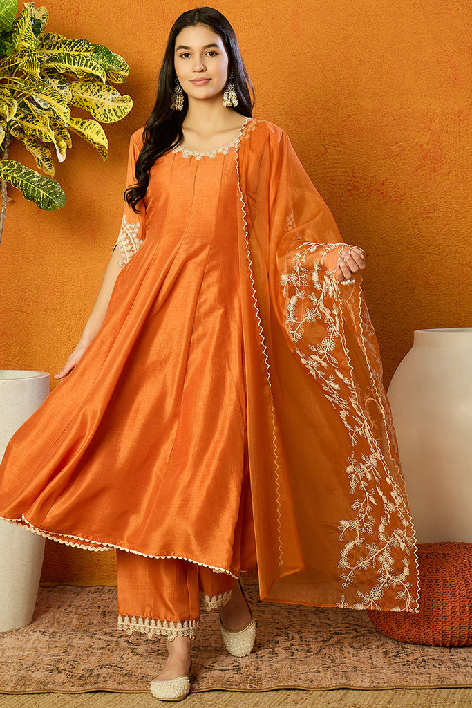 Orange Silk Blend Solid Embroidered Flared Suit Set PKSKD2364