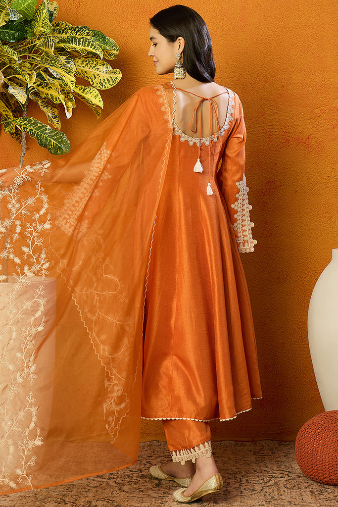 Orange Silk Blend Solid Embroidered Flared Suit Set PKSKD2364