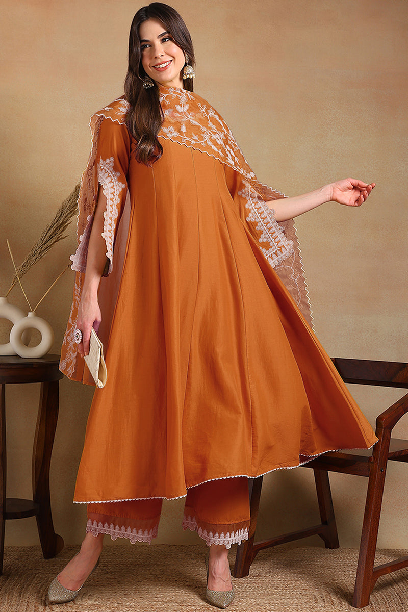 Orange Silk Blend Solid Embroidered Flared Suit Set PKSKD2364