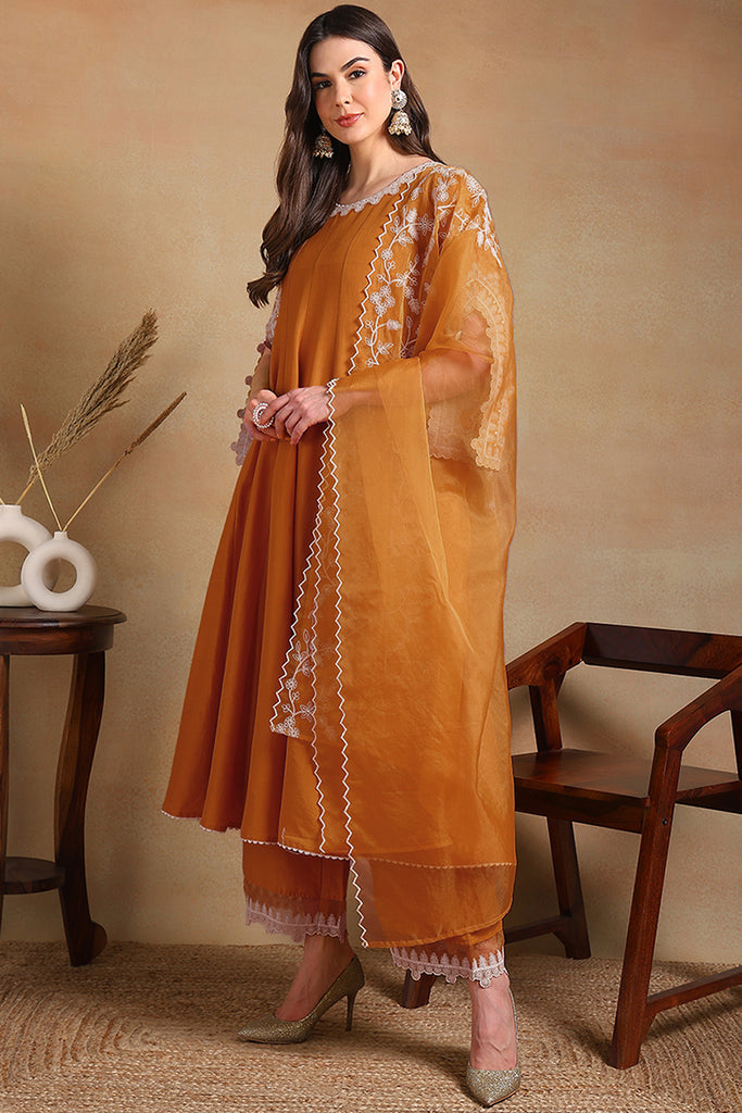 Orange Silk Blend Solid Embroidered Flared Suit Set PKSKD2364