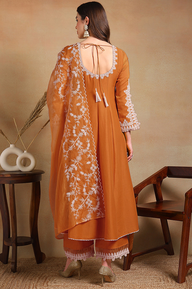 Orange Silk Blend Solid Embroidered Flared Suit Set PKSKD2364