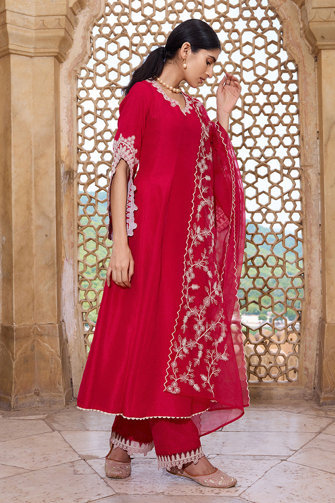 Fuchsia Silk Blend Solid Embroidered Flared Suit Set PKSKD2365