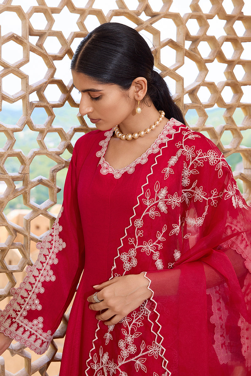 Fuchsia Silk Blend Solid Embroidered Flared Suit Set PKSKD2365