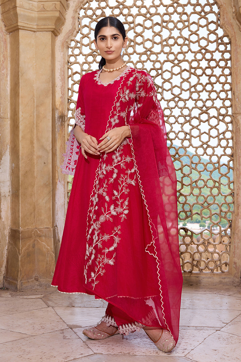 Fuchsia Silk Blend Solid Embroidered Flared Suit Set PKSKD2365